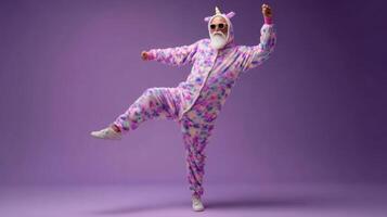The joyful elderly man dancing in a vibrant unicorn costume against a purple background. photo