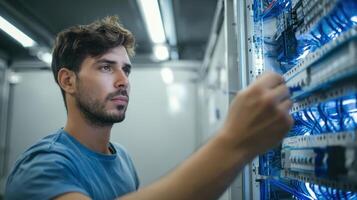 The technician working diligently on a server in a modern data center. photo