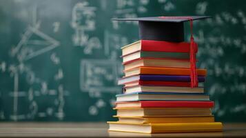 The graduation cap resting on a vibrant stack of educational books photo