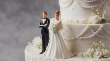 The Elegant Wedding Cake Featuring a Bride and Groom Figurine on Top photo