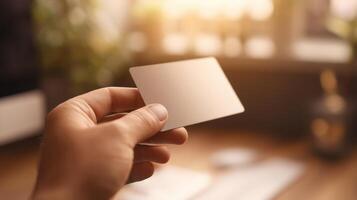 The hand holding a blank card in an elegant office setting. photo