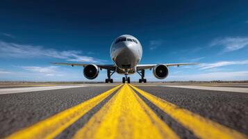 The airliner on the runway against a clear blue sky with dynamic clouds. photo
