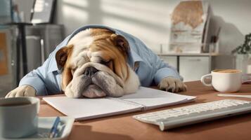 The adorable bulldog sleeping on the desk in a business environment. photo