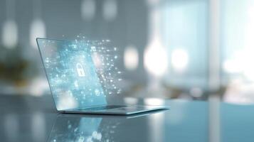 The laptop displaying digital security icons and abstract technology graphics. photo