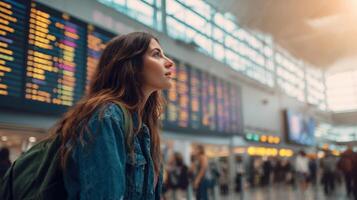 The woman gazing at flight information in a busy airport terminal. photo