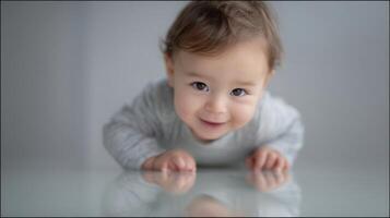 The adorable baby smiling warmly while crawling on a reflective surface. photo