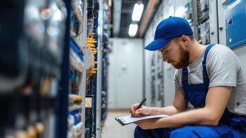 The technician documenting maintenance in an electrical control room. photo