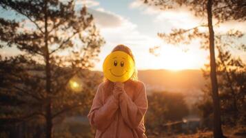 The person holding a smiley mask enjoys a serene sunset in nature. photo