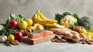 The vibrant display of fresh vegetables, fruits, and seafood on a table. photo