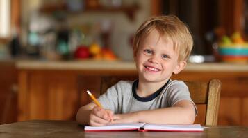 The cheerful boy writing in his notebook at home, embracing creativity. photo