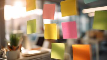 The vibrant post-it notes display in a modern office environment. photo