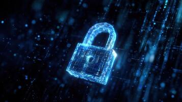 The digital lock symbolizing cybersecurity and data protection in a virtual landscape. photo
