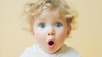 The adorable baby with curly hair expressing amazement and surprise. photo