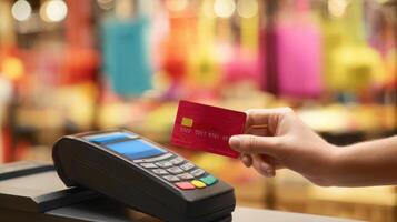 The payment process with a credit card at a retail checkout terminal. photo