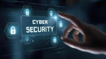 The hand interacting with a Cyber Security digital interface and protection concept. photo