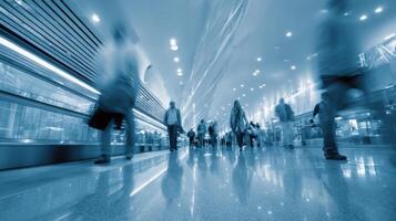 The dynamic atmosphere of an airport filled with bustling travelers in motion. photo