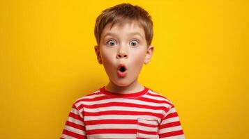 The surprised boy with wide eyes and a joyful expression against a yellow background. photo