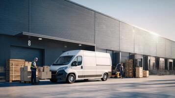 The delivery van loading packages outside a modern warehouse facility. photo