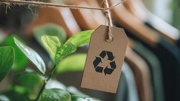 The eco-friendly tag hanging from a plant in a stylish retail environment photo