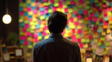 The individual contemplating an array of vibrant sticky notes in a creative workspace. photo