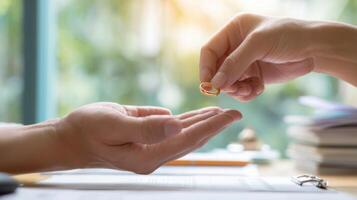 The beautiful moment of exchanging wedding rings between two loving partners. photo