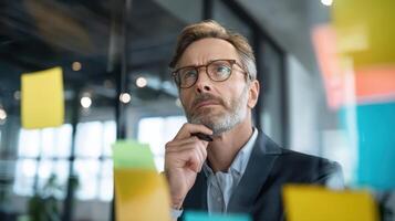 The businessman contemplating ideas in a modern office filled with sticky notes. photo