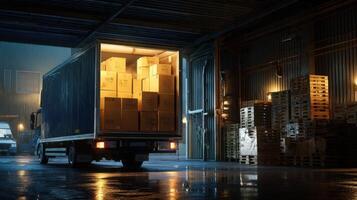 The truck loaded with boxes in a dimly lit warehouse at night. photo
