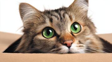 The cat with mesmerizing green eyes peeking from a cardboard box. photo