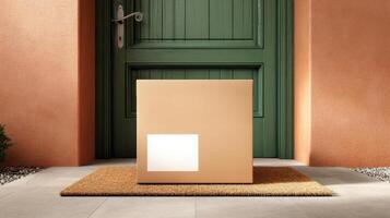 The cardboard box waiting on the doorstep under a welcoming green door. photo