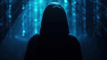 The mysterious figure shrouded in shadows against a shimmering blue backdrop. photo