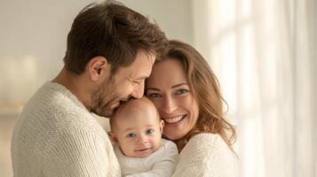The joyful family portrait of parents with their adorable baby in a cozy home setting. photo