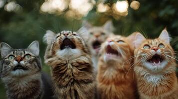 The joyful group of cats looking up with curious expressions in nature. photo