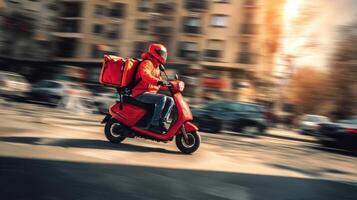 The dynamic delivery rider on a red scooter navigating through the urban landscape. photo
