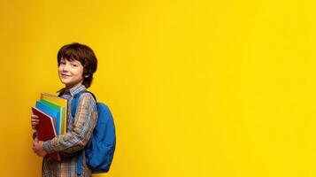 The cheerful boy with a backpack and colorful books on a bright background. photo