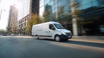 The silver delivery van speeding through a bustling city street. photo