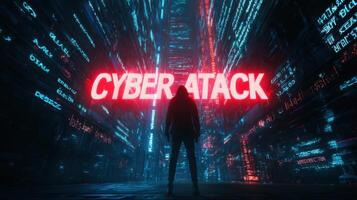 The striking silhouette against a vibrant neon backdrop of a cyber attack. photo