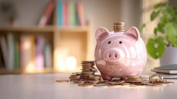 The charming pink piggy bank surrounded by shiny coins on a table. photo