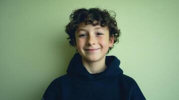 The joyful boy with curly hair smiling against a green background. photo
