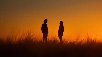 The silhouette of a couple enjoying a peaceful sunset in nature. photo