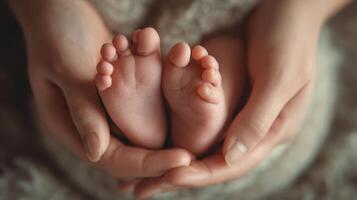 The tender embrace of a mother cradling her baby's tiny feet. photo
