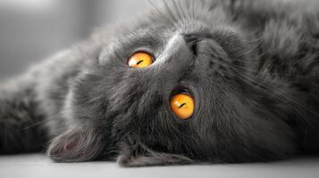 The Gray Cat Relaxing with Striking Orange Eyes in a Cozy Setting photo