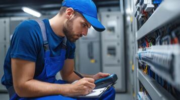 The technician performs electrical maintenance tasks in a modern facility. photo