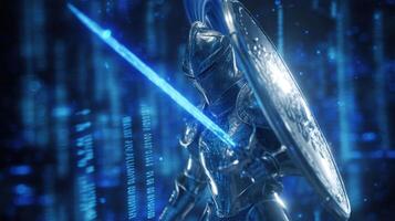 The Glowing Knight Wields a Futuristic Sword Amidst Digital Realms photo