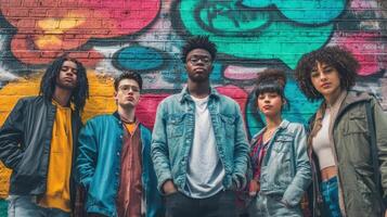 The vibrant group of friends poses confidently against a colorful graffiti wall. photo
