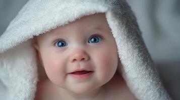 The adorable baby wrapped in a soft towel with captivating blue eyes. photo