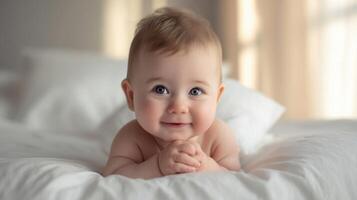 The adorable baby smiling warmly in a cozy bedroom setting. photo