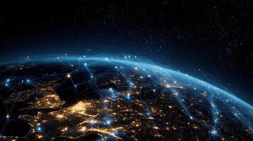 The Earth illuminated by digital connections and interwoven networks at night. photo