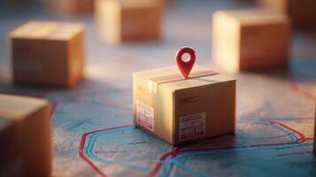 The package with a location marker illustrating shipping and delivery logistics. photo