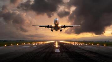The airplane gracefully descends onto the runway during a majestic sunset. photo