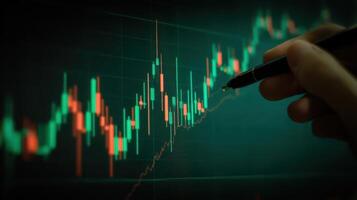 The hand illustrating a financial trading graph on a digital screen photo